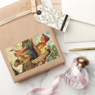 Sticker Rectangulaire Pêche à l'ancienne, garçon avec son chiot et ses v