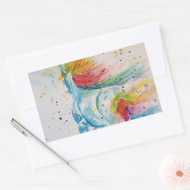 Sticker Rectangulaire Peinture Unicorne Aquarelle Peinture Arc-en-ciel (Enveloppe)