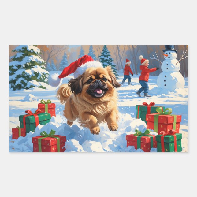 Sticker Rectangulaire Pekingese Chien courant dans la neige avec le Casq (Devant)
