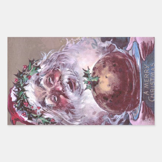 Sticker Rectangulaire père Noël 1908 avec Plum Pudding Vintage Noël (Devant)