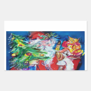 STICKER RECTANGULAIRE PÈRE NOËL AVEC ARBRE DE NOËL ET CADEAUX