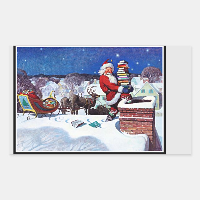 Sticker Rectangulaire Père Noël descendant la cheminée avec des livres (Devant)