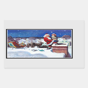 Sticker Rectangulaire Père Noël descendant la cheminée avec des livres