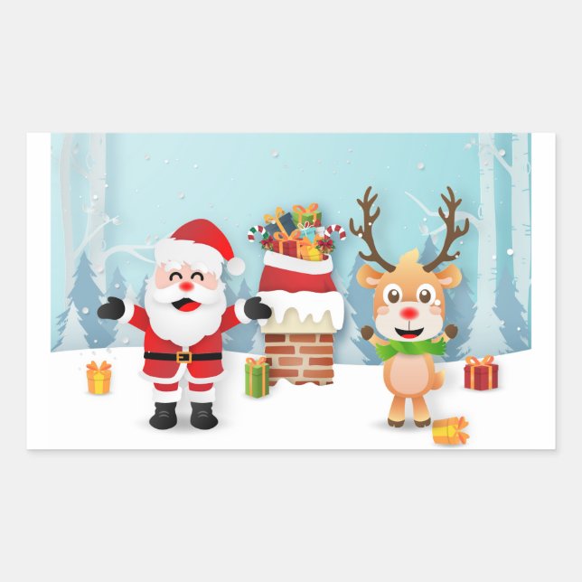 Sticker Rectangulaire Père Noël Et Rennes (Devant)