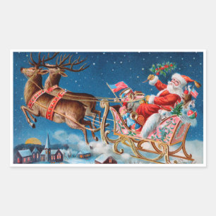Sticker Rectangulaire Père Noël Vintage et joyeux dans son traîneau