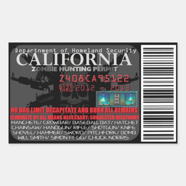 Sticker Rectangulaire Permis de chasse zombie en Californie (Devant)