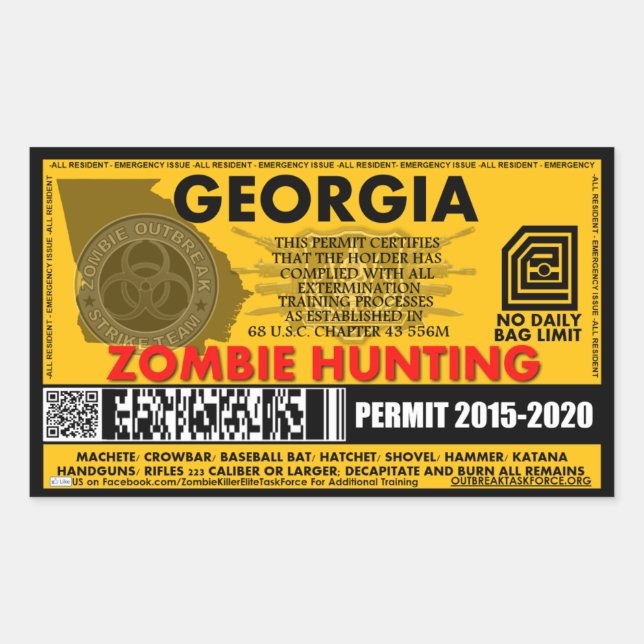 Sticker Rectangulaire Permis de chasse zombie Géorgie (Devant)