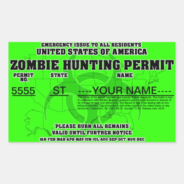 Sticker Rectangulaire Permis de chasse zombie (vert brillant) (Devant)