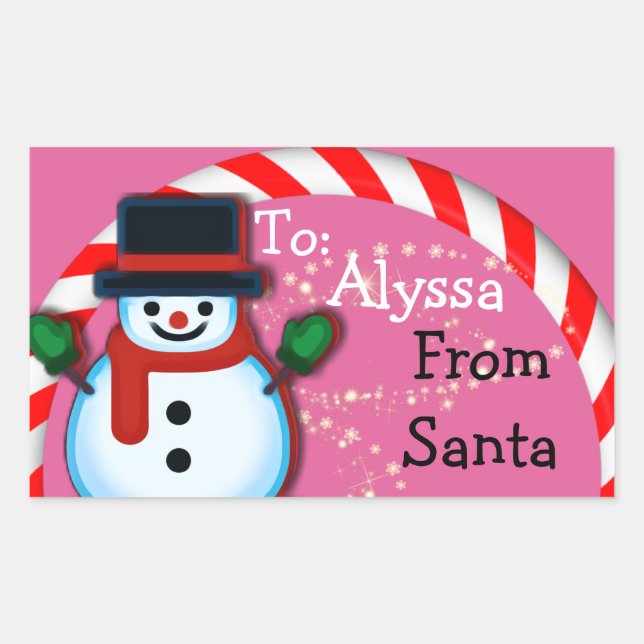 Sticker Rectangulaire Personnalisé de Père Noël Snowman Pink Christmas (Devant)