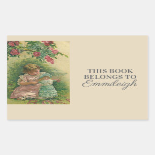 Sticker Rectangulaire Petite fille vintage avec poupée pour bébé