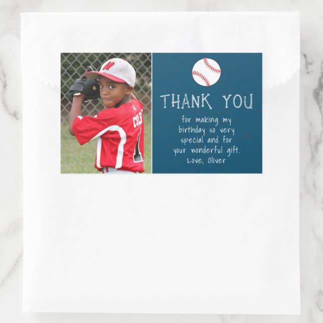 Sticker Rectangulaire Photo Garçon Baseball Merci de balle Anniversaire (Sac)