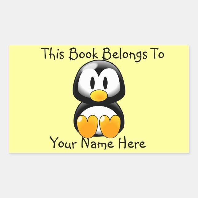 Sticker Rectangulaire Pingouin mignon sur plaque de nom du livre jaune (Devant)