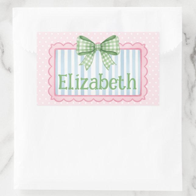 Sticker Rectangulaire Pink and Blue Frame With Green Gingham Bow (Sac)