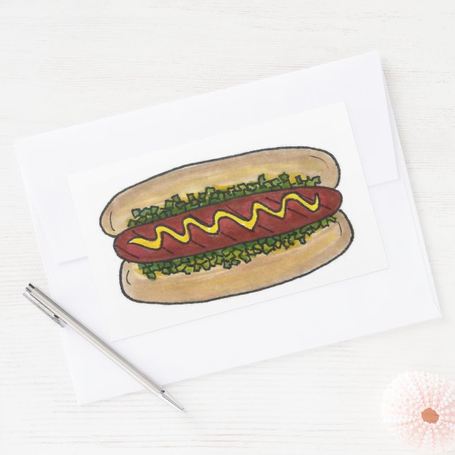 Sticker Rectangulaire Pique-nique Hot Dog Bun Mustard Relish Fast Food H (Enveloppe)