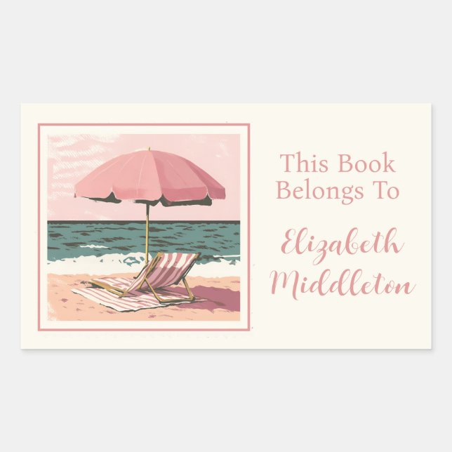 Sticker Rectangulaire Plage rose et crème Chaise et plaque parapluie (Devant)