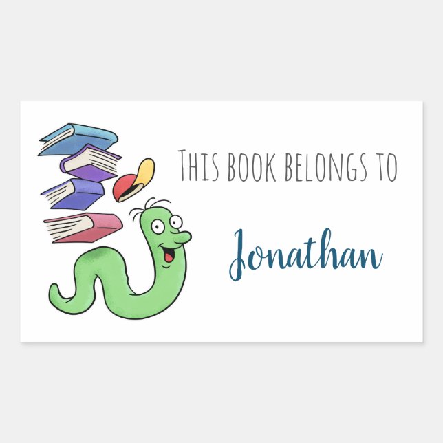 Sticker Rectangulaire Plaque De Cartoon Bookworm Avec Nom Personnalisé (Devant)