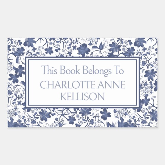 Sticker Rectangulaire Plaques de livres préppy bleu et gris floral (Devant)