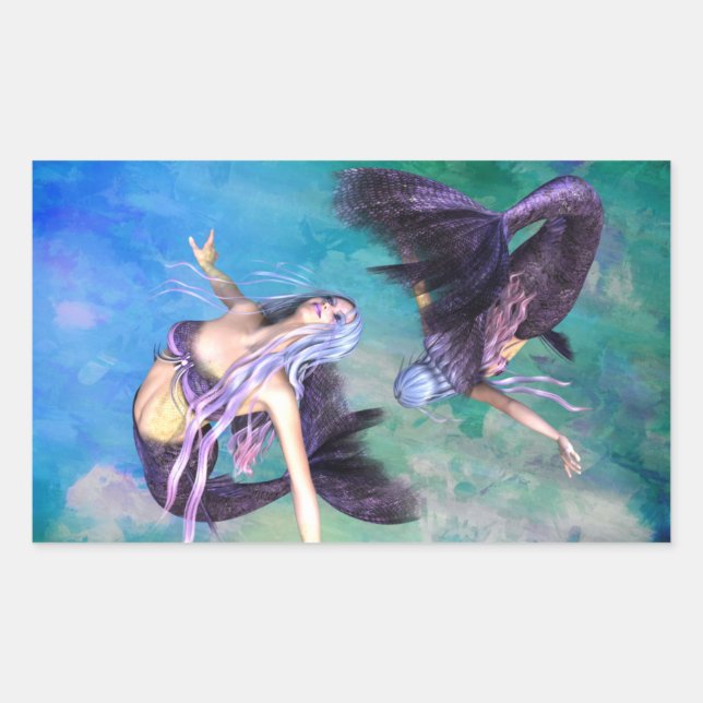 Sticker Rectangulaire Poissons - Deux sirènes nageant en boucle (Devant)