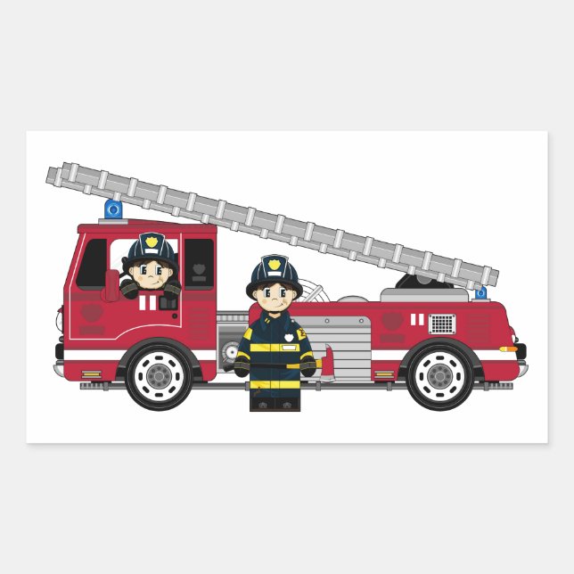 Sticker Rectangulaire Pompier à caricature mignonne et moteur incendie (Devant)