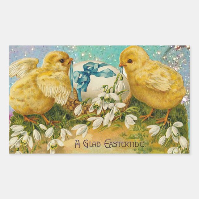 STICKER RECTANGULAIRE POULET, FLEURS, OEUF DE PÂQUES EN PARKLES BLEUS D' (Devant)