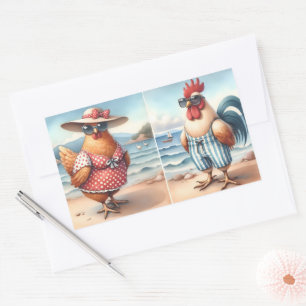 Sticker Rectangulaire Poulets en maillots de bain en bord de mer