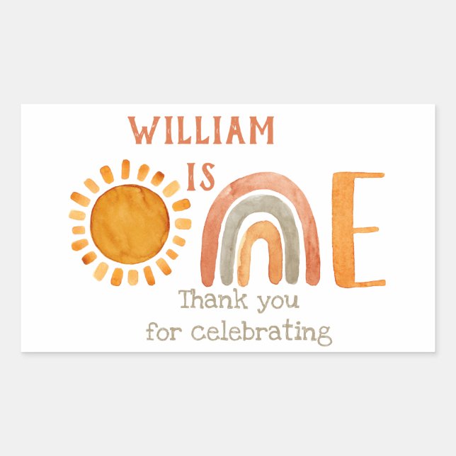 Sticker Rectangulaire Premier anniversaire aquarelle Boho arc-en-ciel et (Devant)