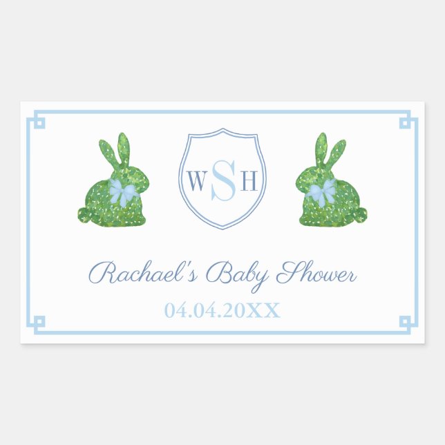 Sticker Rectangulaire Preppy Bunny Monogram Baby shower Favor Merci (Devant)