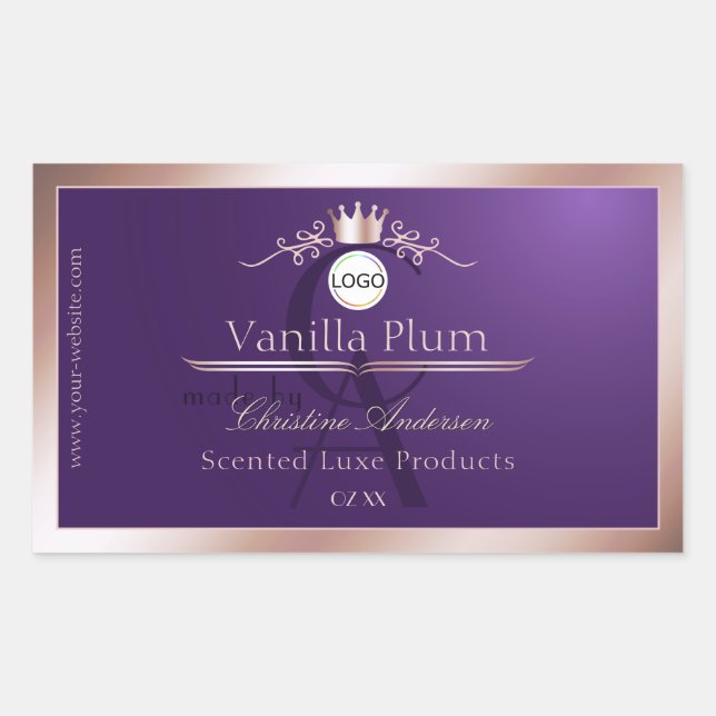 Sticker Rectangulaire Purple Product Label Rose Gold Frame Logo Monogram (Devant)