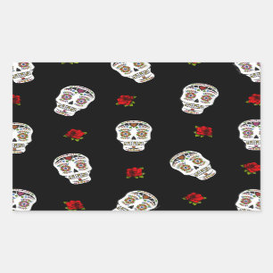 Sticker Rectangulaire RAB Rockabilly Sugar Skulls Roses sur fond noir