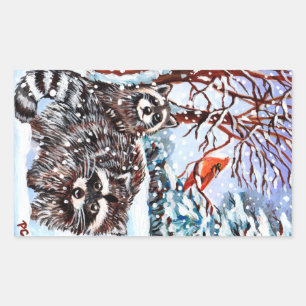 Sticker Rectangulaire Raccoons dans la neige