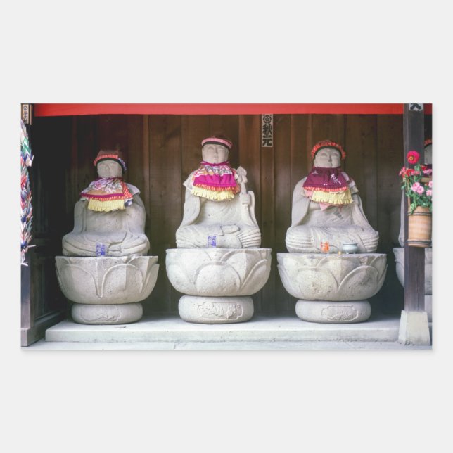Sticker Rectangulaire Rangée de statues de moines Jizo avec bib et casqu (Devant)