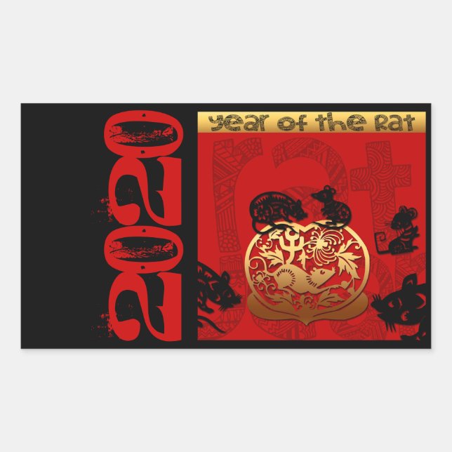 Sticker Rectangulaire Rat mignon chinois Année 2020 Zodiac Anniversaire  (Devant)