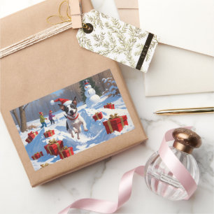 Sticker Rectangulaire Rat Terrier Courir en neige avec Casquette de Noël