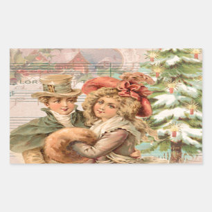 Sticker Rectangulaire Regency Christmas Couple Cadeaux de style Vintage