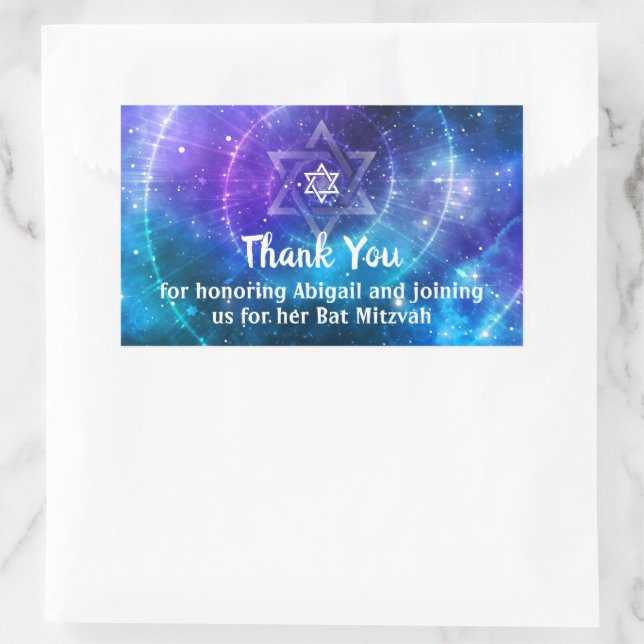 Sticker Rectangulaire Remerciements Bar Mitzvah Galaxie Violet Bleu Chau (Sac)