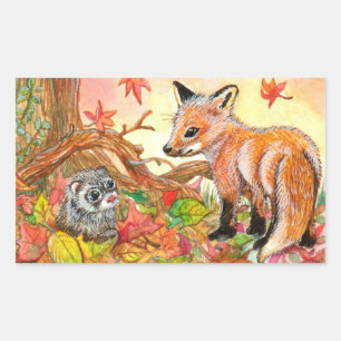 Sticker Rectangulaire Renard et furet en feuilles d'automne