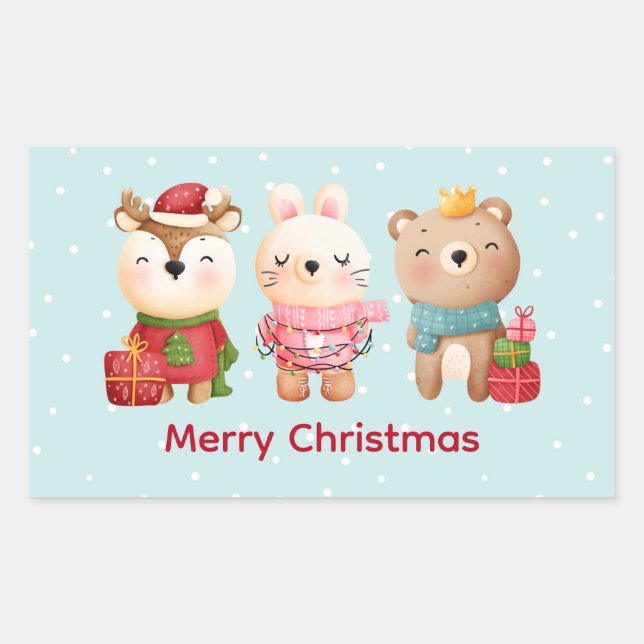 Sticker Rectangulaire Rennes, ours et lapin Joyeux Noël (Devant)