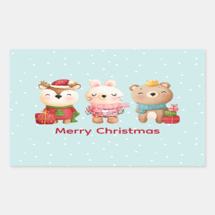 Sticker Rectangulaire Rennes, ours et lapin Joyeux Noël