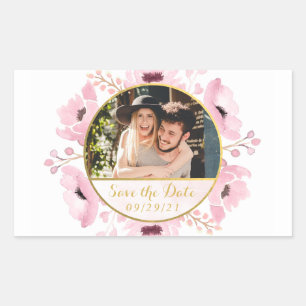 Sticker Rectangulaire Ressort Rose Aquarelle Floral Enregistrer La Date