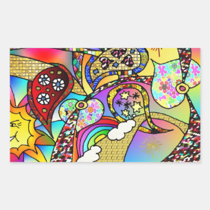 Sticker Rectangulaire Retro 60s Coeurs psychédéliques Paisley Cadeaux Vê