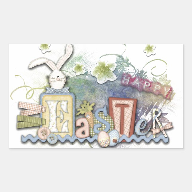 Sticker Rectangulaire Romantique Joyeux lapin de Pâques Salutation migno (Devant)