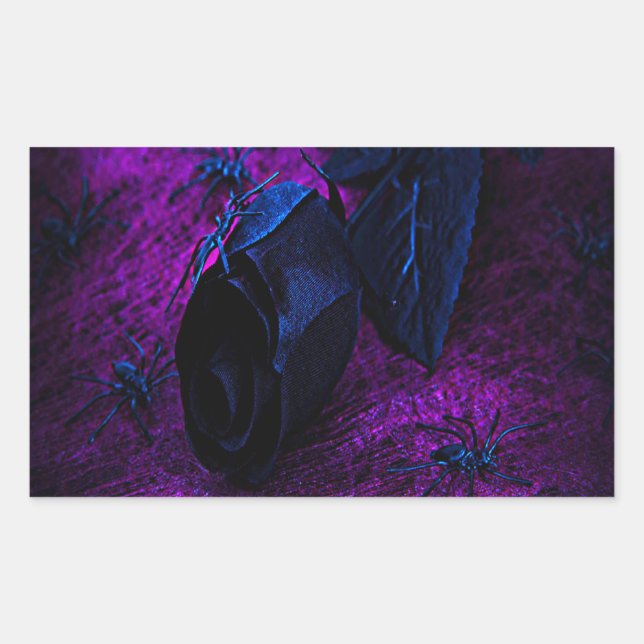 Sticker Rectangulaire Rose éffrayant en matière noire, araignées noires (Devant)
