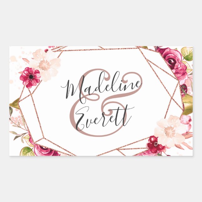 Sticker Rectangulaire Rose Gold Terrarium géométrique Monogramme Mariage (Devant)