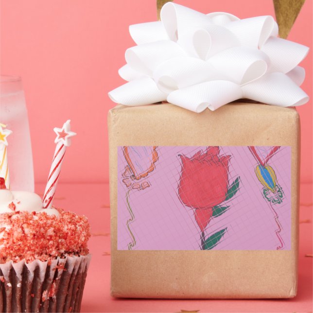 Sticker Rectangulaire Rose rouge sur rose : Art Floral Frontière Imprime (Fête)