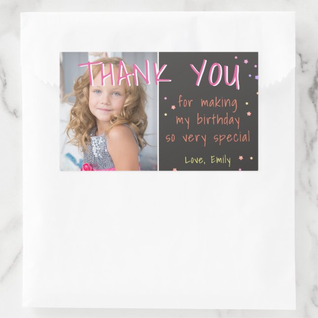 Sticker Rectangulaire Rose Stars Anniversaire Merci Photo (Sac)