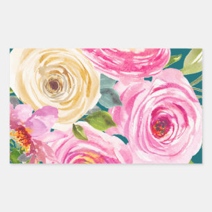 Sticker Rectangulaire Roses aquarelles roses et crème dans un cadre sarc