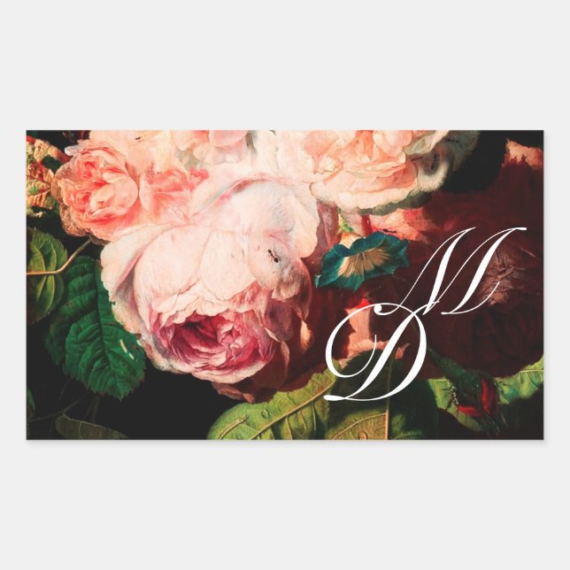 STICKER RECTANGULAIRE ROSES ROSES ROSES ROSES ROSES BLANCHES ET MONOGRAM (Devant)