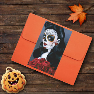Sticker Rectangulaire Roses Rouges Élégantes Femme Crâne de Sucre Gothiq