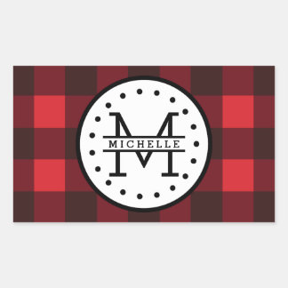 Sticker Rectangulaire Rouge noir Buffalo Plaid Nom de la sériole Monogra