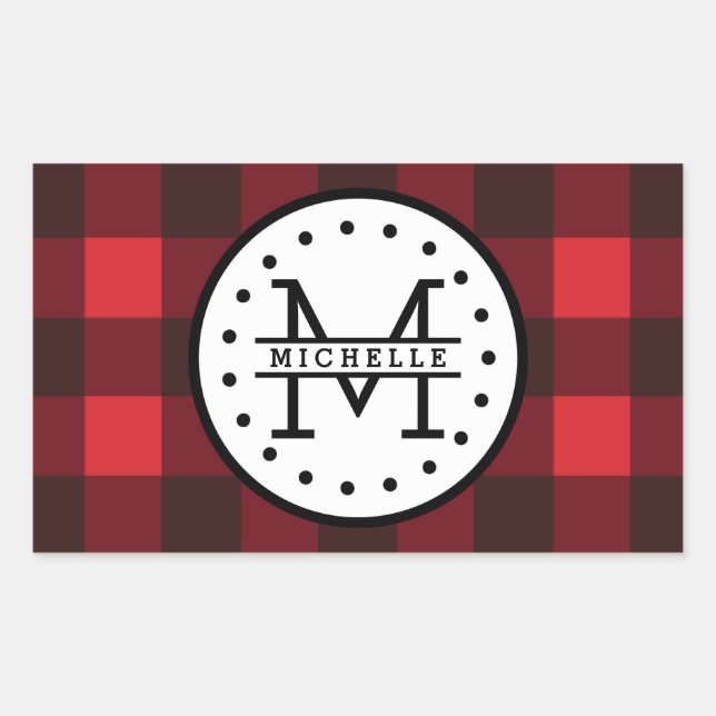 Sticker Rectangulaire Rouge noir Buffalo Plaid Nom de la sériole Monogra (Devant)
